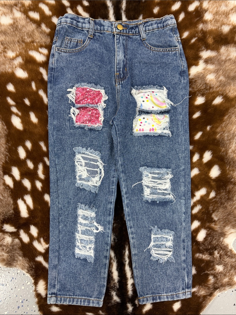 Kids Distressed Boyfriend Denim Jeans with Pink Patch Accents